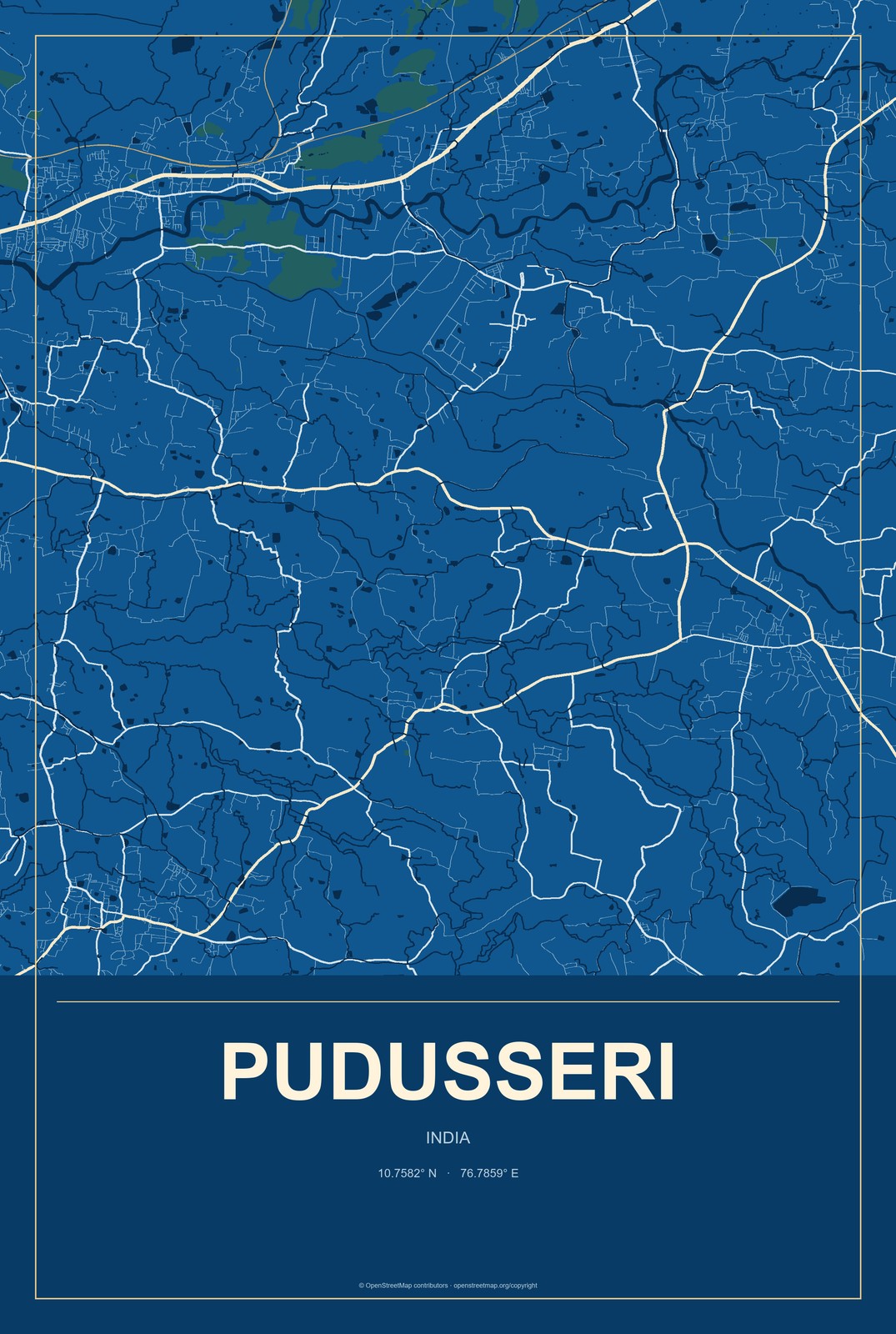 Pudusseri, India City Map Aluminum Sign in Harbor Cobalt style