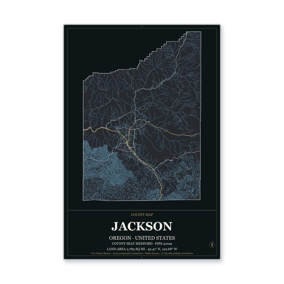 Jackson County, Oregon Map Aluminum Sign in Metropolitan Noir style