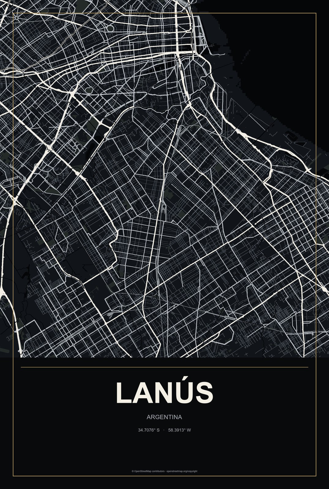 Lanús, Argentina City Map Aluminum Sign in Metropolitan Noir style