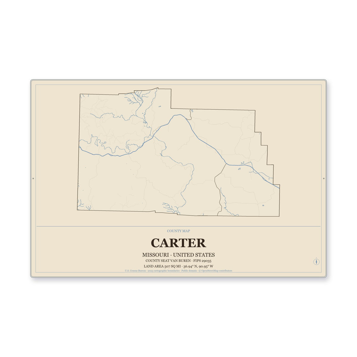 Carter County, Missouri Map Aluminum Sign in Heritage Nautical style