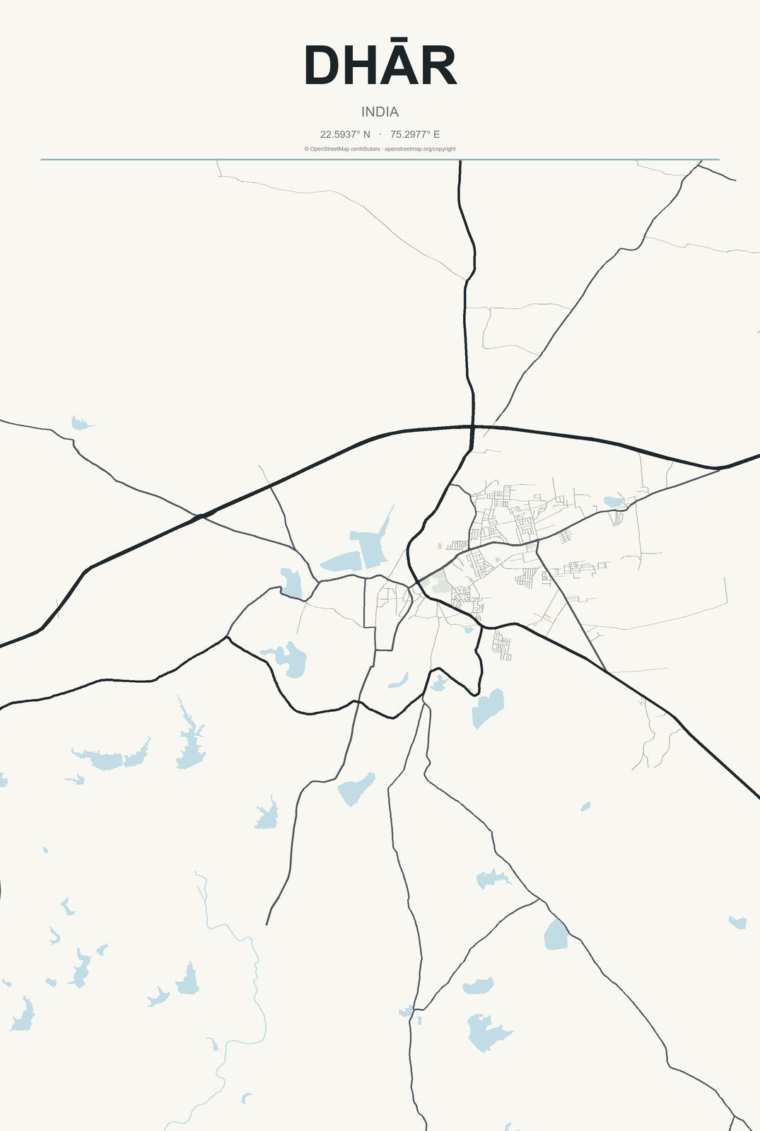 Dhār, India City Map Aluminum Sign in Headline Atlas style