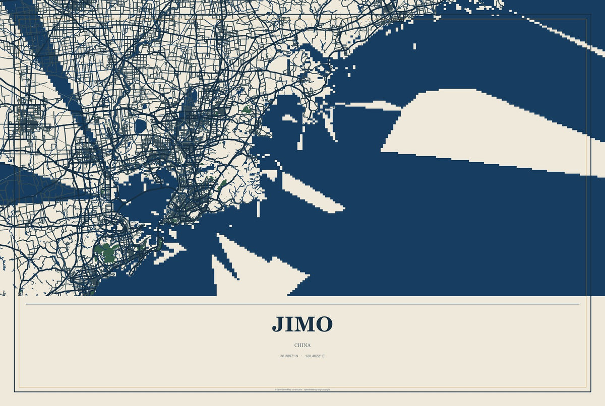 Jimo, China City Map Aluminum Sign in Coastal Cutout style