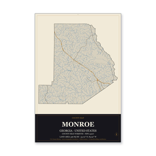 Monroe County, Georgia Map Aluminum Sign in Museum Plaque style