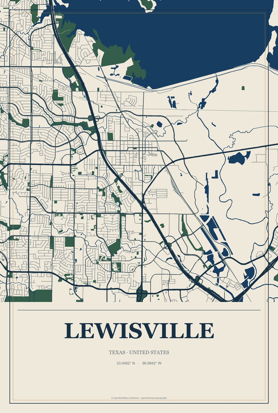 Lewisville, Texas City Map Aluminum Sign in Coastal Cutout style