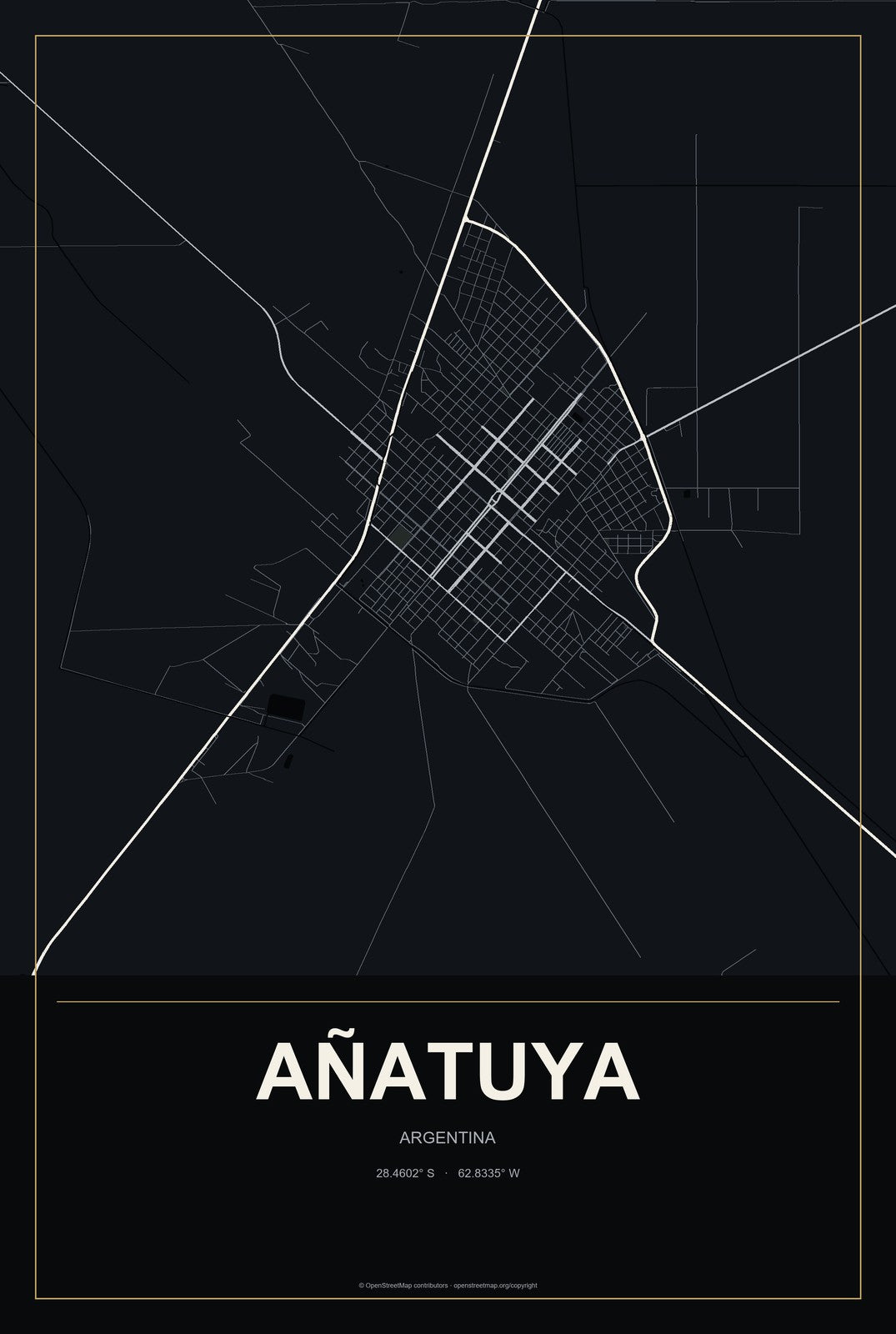 Añatuya, Argentina City Map Aluminum Sign in Metropolitan Noir style