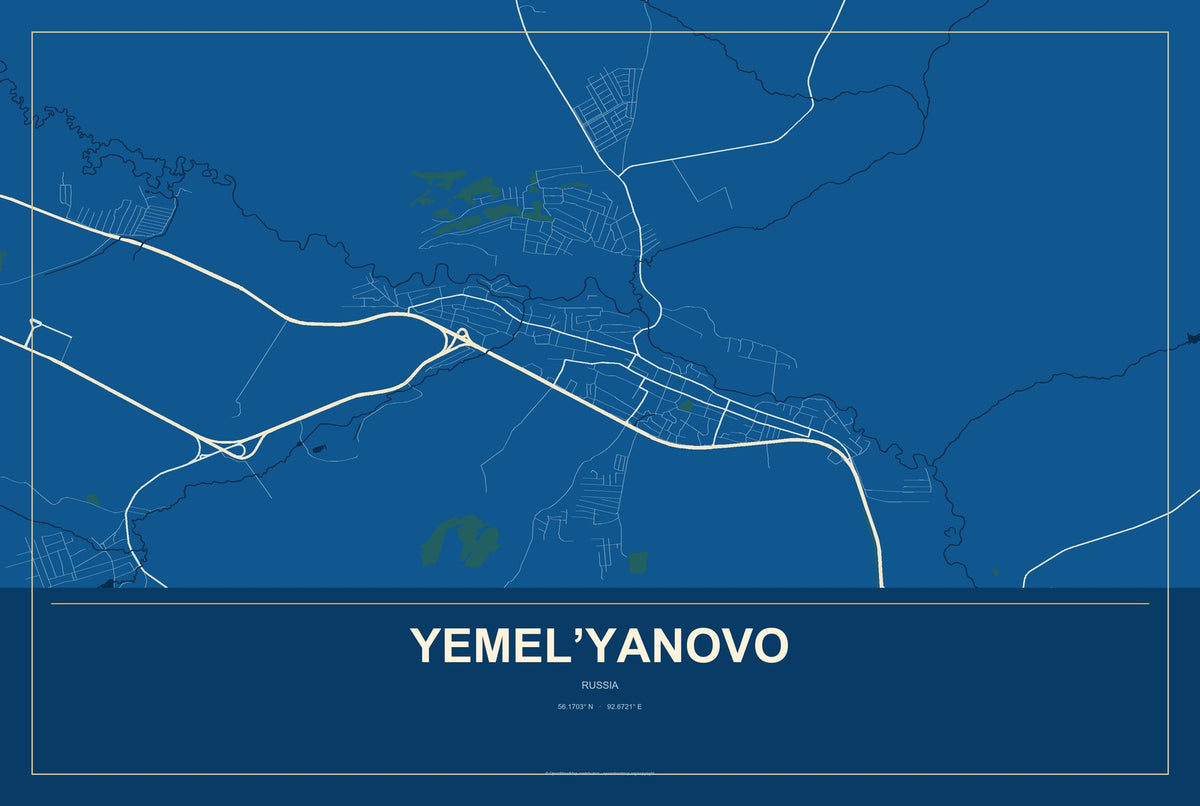 Yemel’yanovo, Russia City Map Aluminum Sign in Harbor Cobalt style