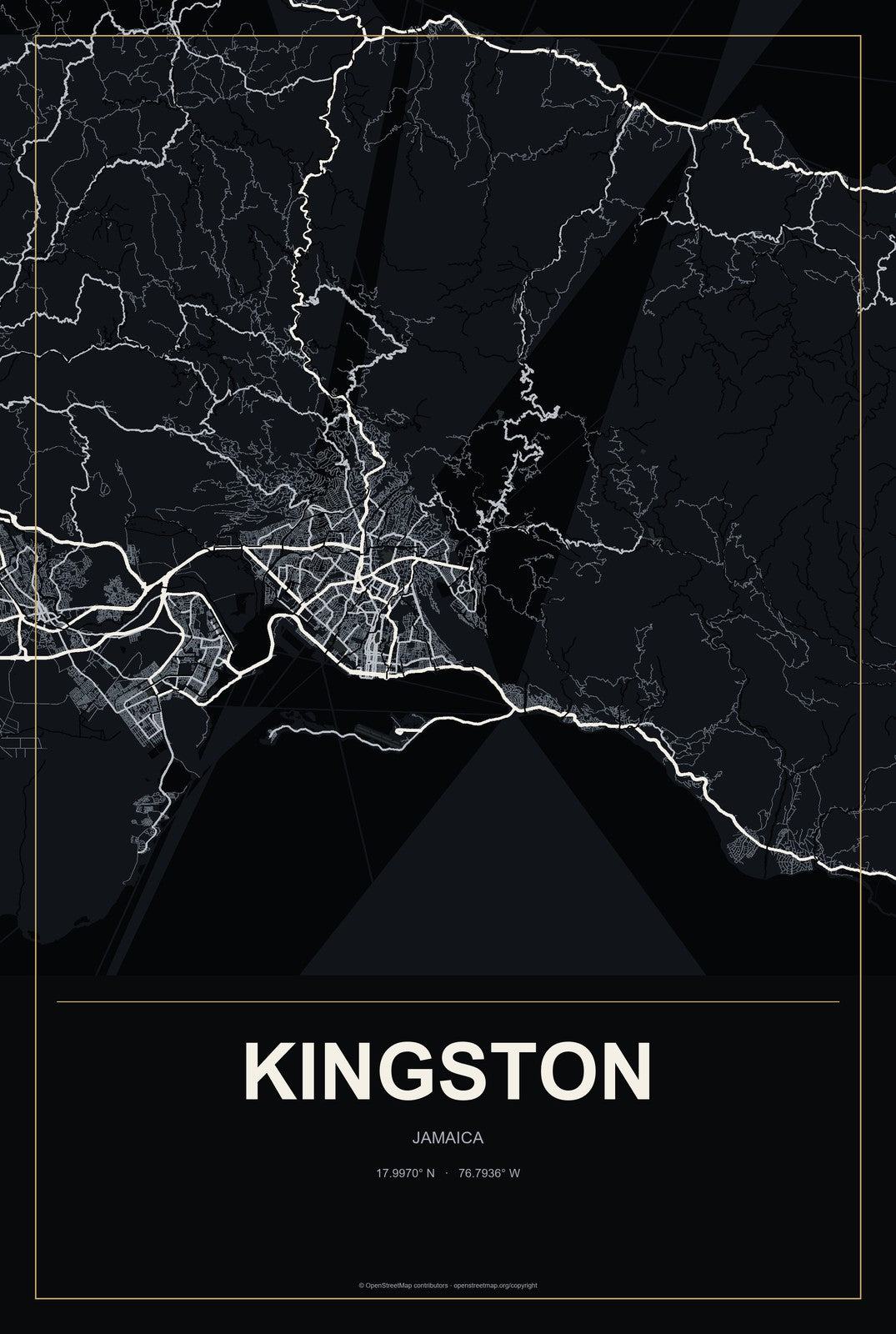 Kingston, Jamaica City Map Aluminum Sign in Metropolitan Noir style
