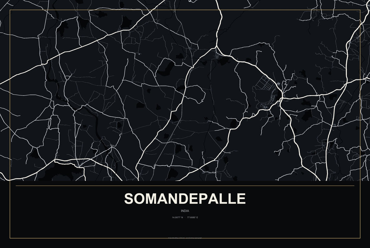 Somandepalle, India City Map Aluminum Sign in Metropolitan Noir style