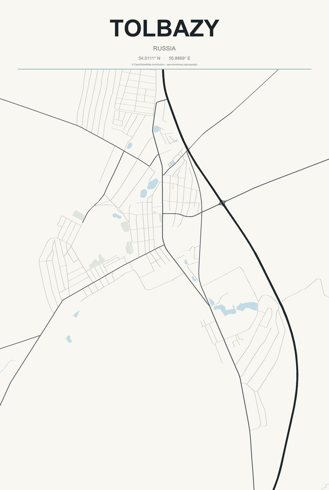 Tolbazy, Russia City Map Aluminum Sign in Headline Atlas style