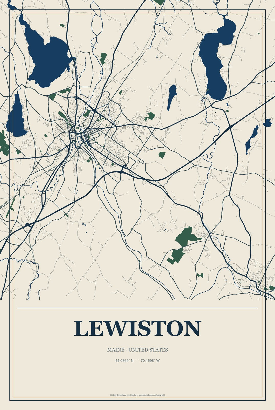 Lewiston, Maine City Map Aluminum Sign in Coastal Cutout style