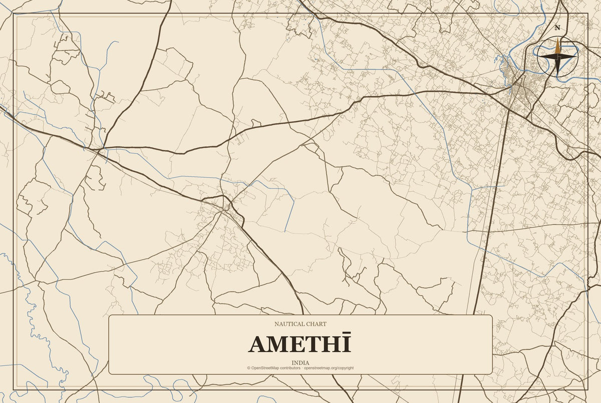 Amethī, India City Map Aluminum Sign in Heritage Nautical style
