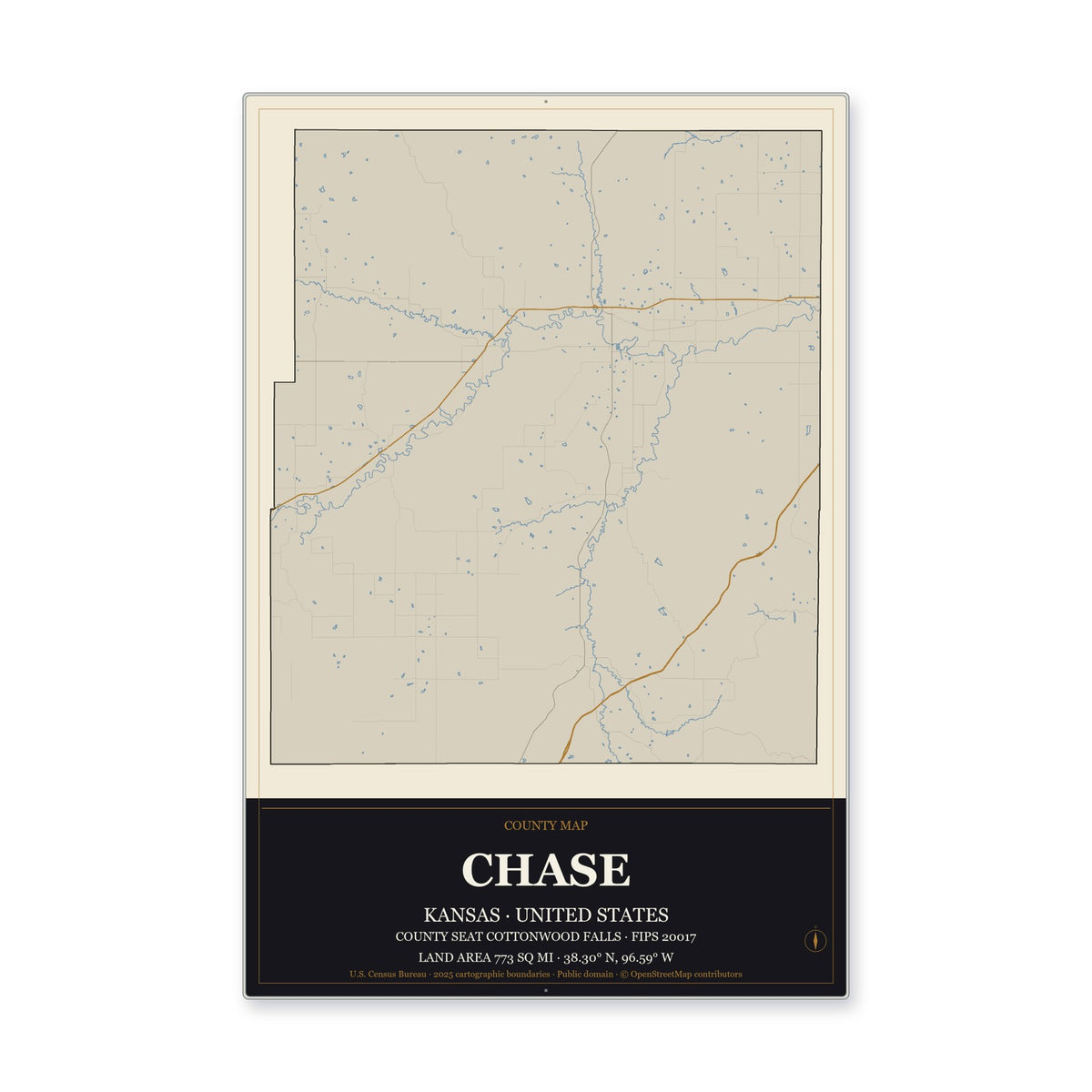 Chase County, Kansas Map Aluminum Sign in Museum Plaque style