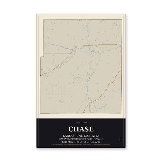 Chase County, Kansas Map Aluminum Sign in Museum Plaque style