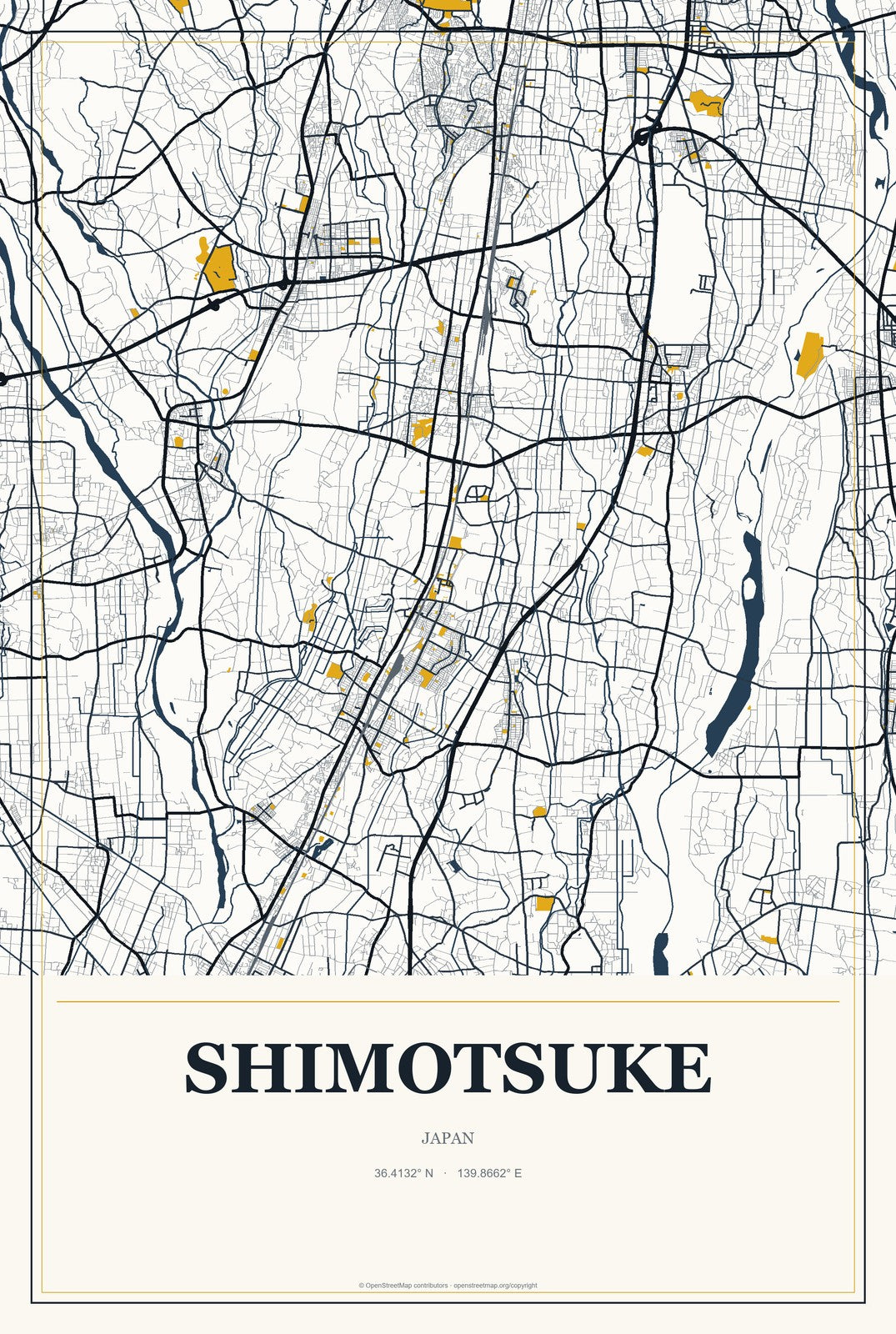 Shimotsuke, Japan City Map Aluminum Sign in Citrine Modern style