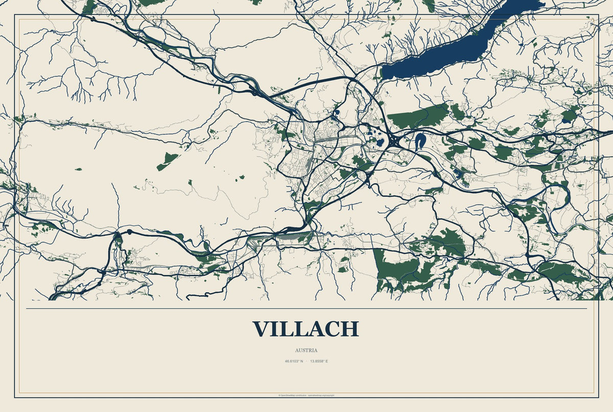 Villach, Austria City Map Aluminum Sign in Coastal Cutout style