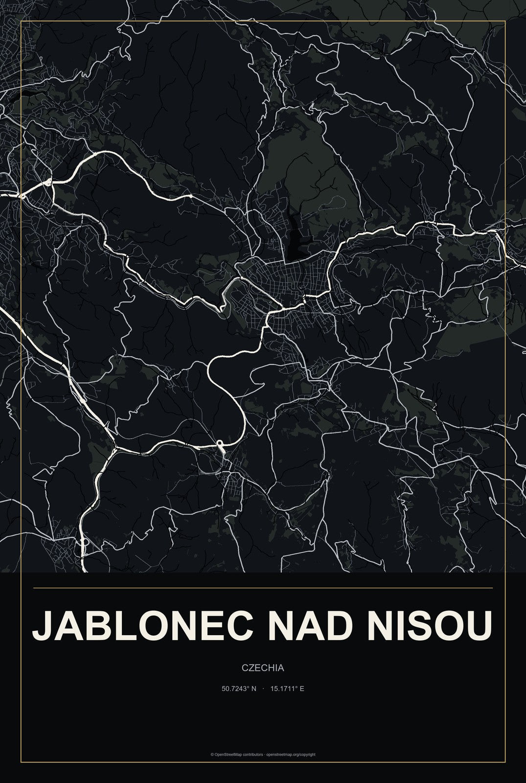 Jablonec nad Nisou, Czechia City Map Aluminum Sign in Metropolitan Noir style