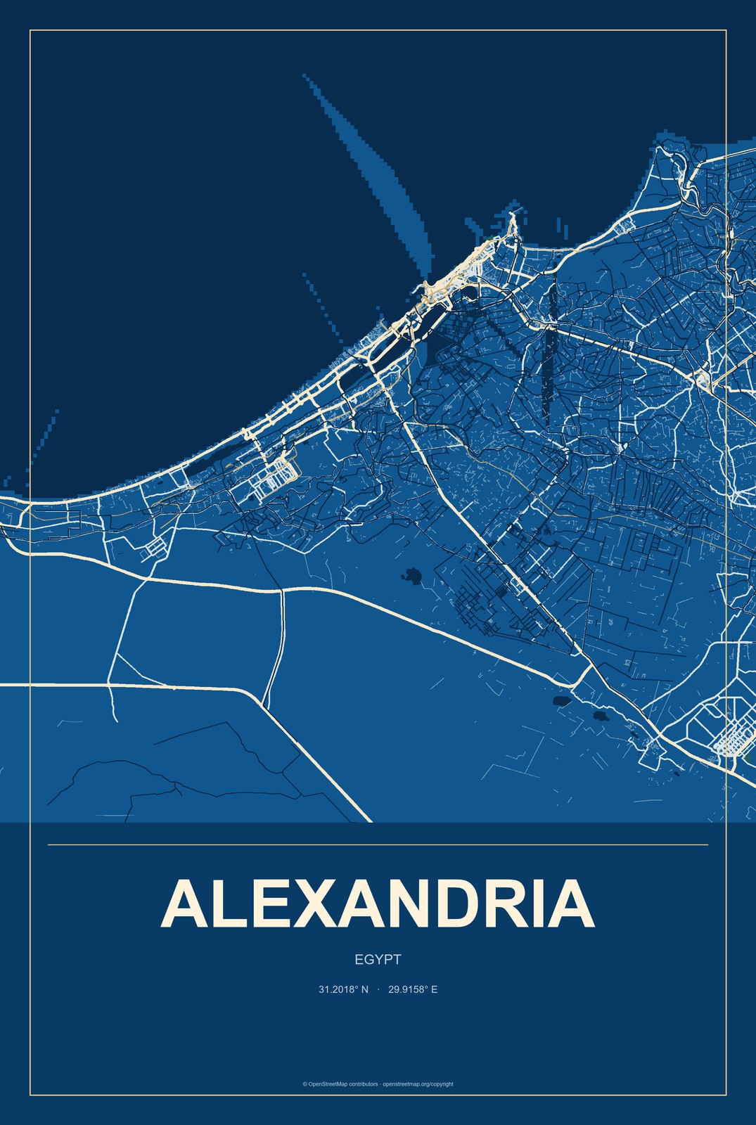 Alexandria, Egypt City Map Aluminum Sign in Harbor Cobalt style