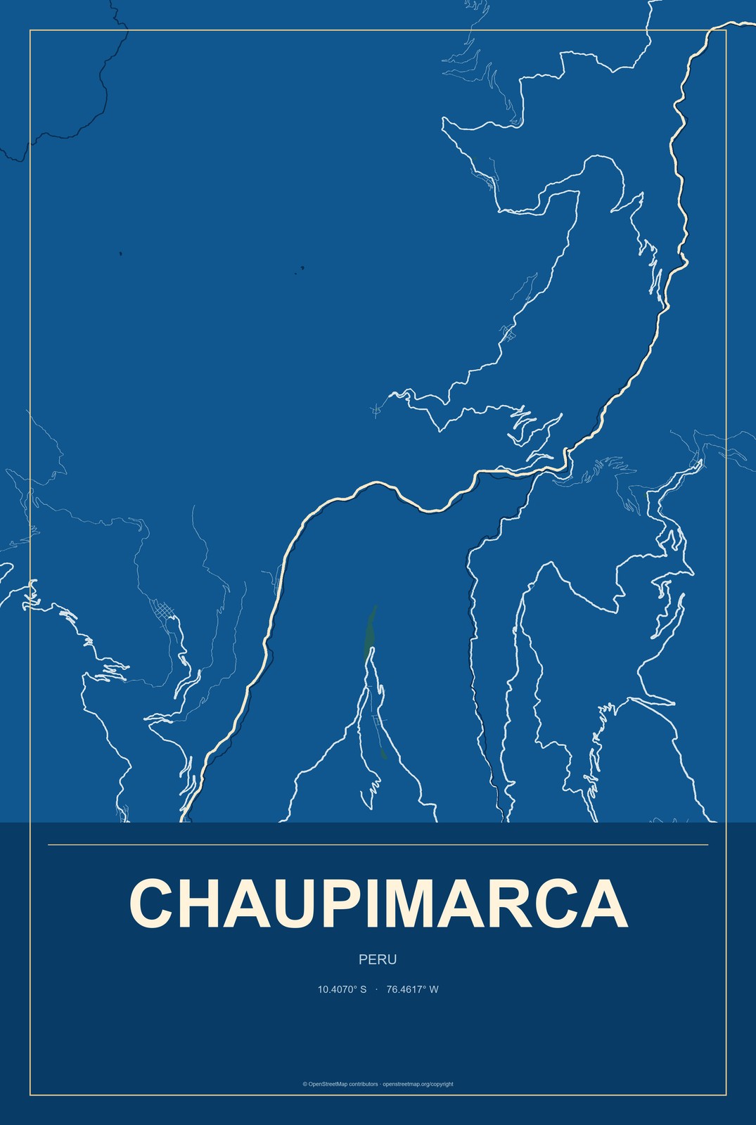 Chaupimarca, Peru City Map Aluminum Sign in Harbor Cobalt style