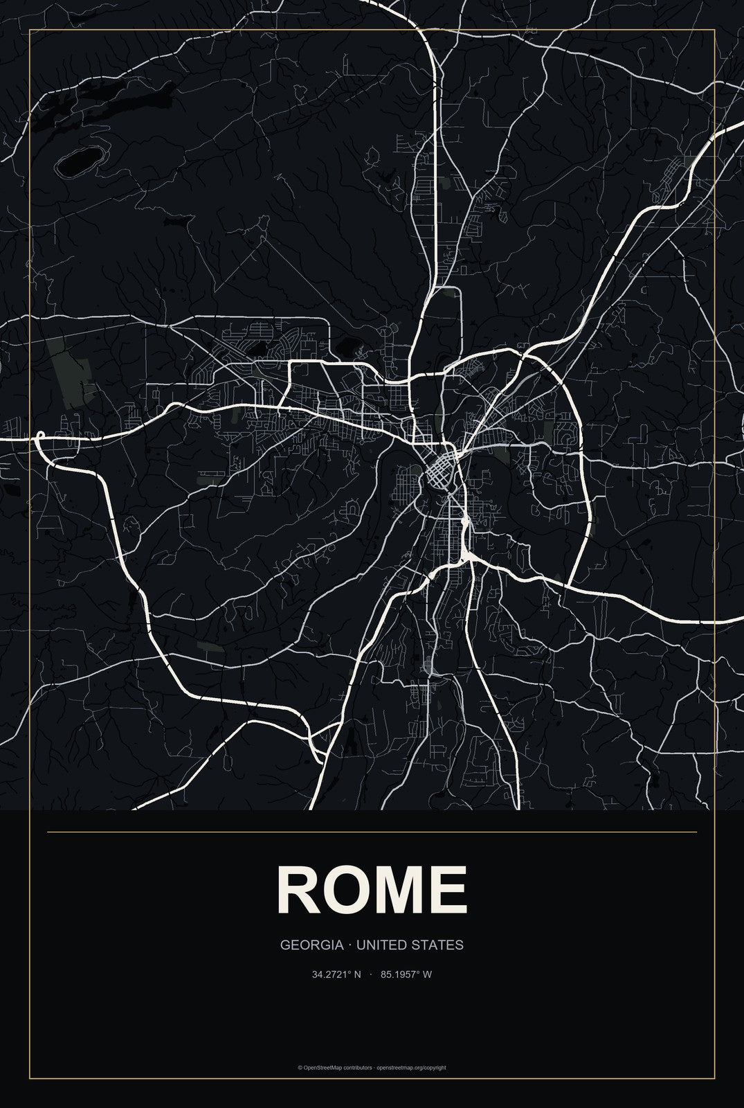 Rome, Georgia City Map Aluminum Sign in Metropolitan Noir style