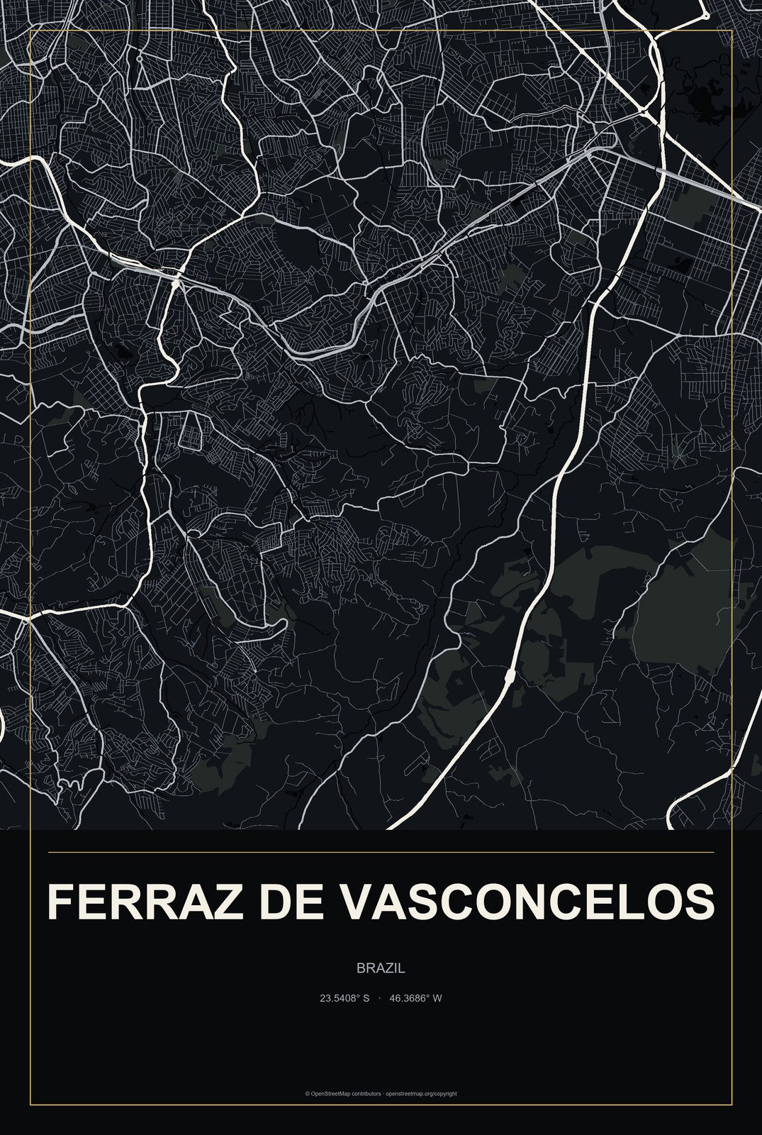 Ferraz de Vasconcelos, Brazil City Map Aluminum Sign in Metropolitan Noir style