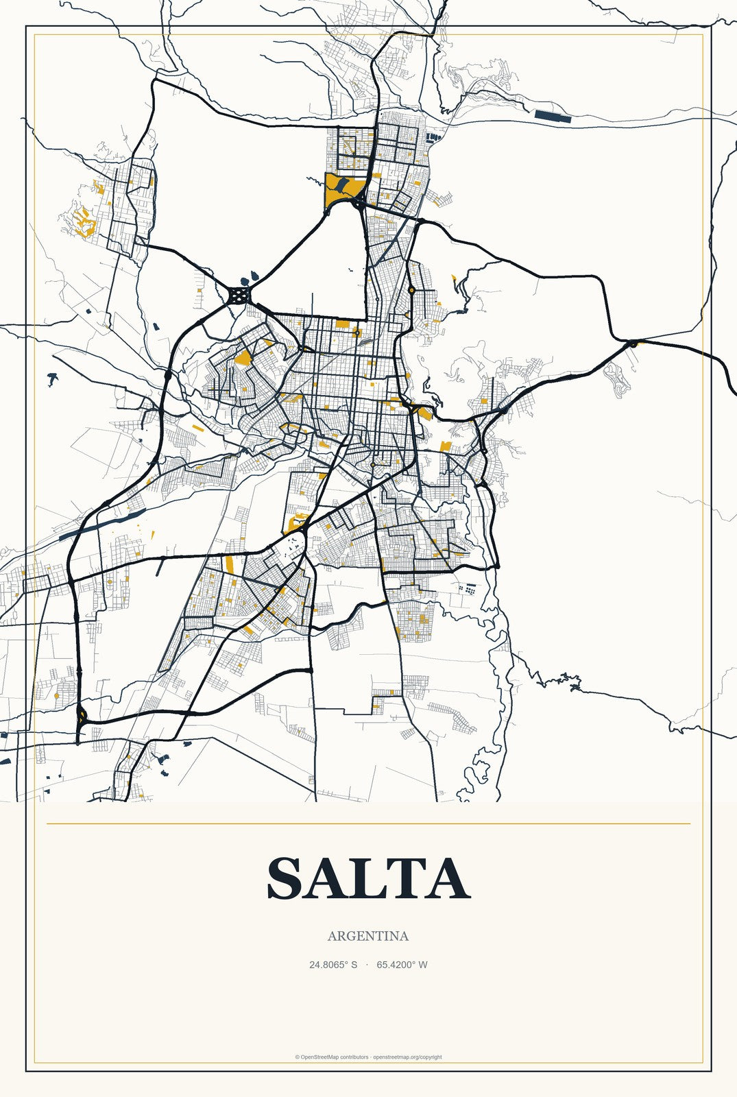 Salta, Argentina City Map Aluminum Sign in Citrine Modern style