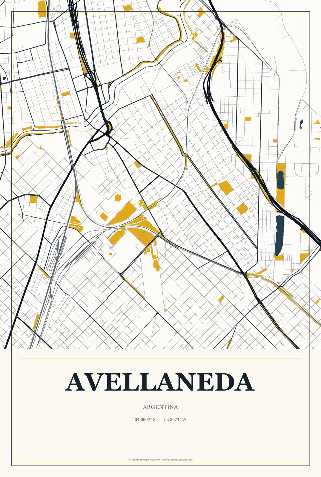 Avellaneda, Buenos Aires, Argentina City Map Aluminum Sign in Citrine Modern style