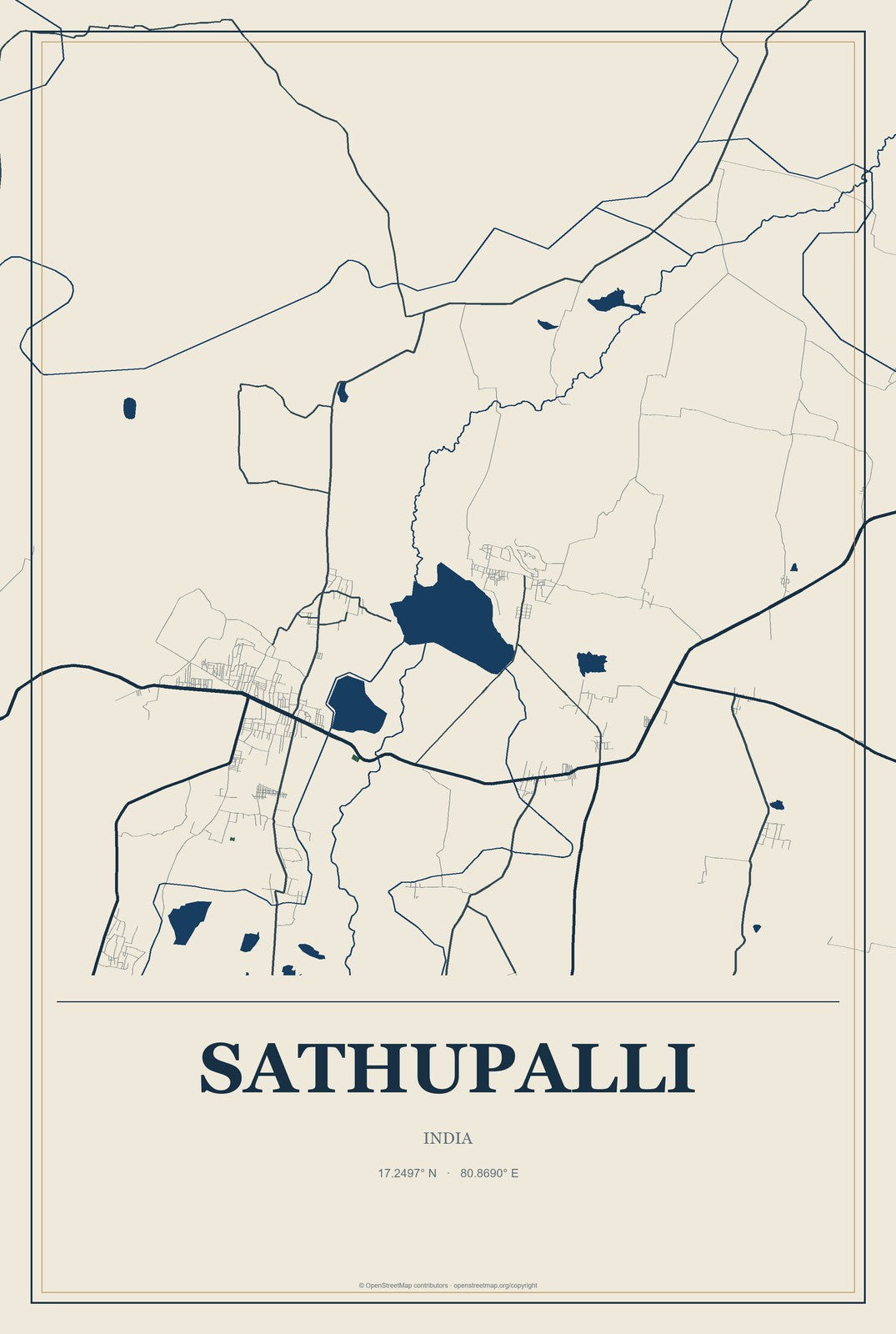 Sathupalli, India City Map Aluminum Sign in Coastal Cutout style