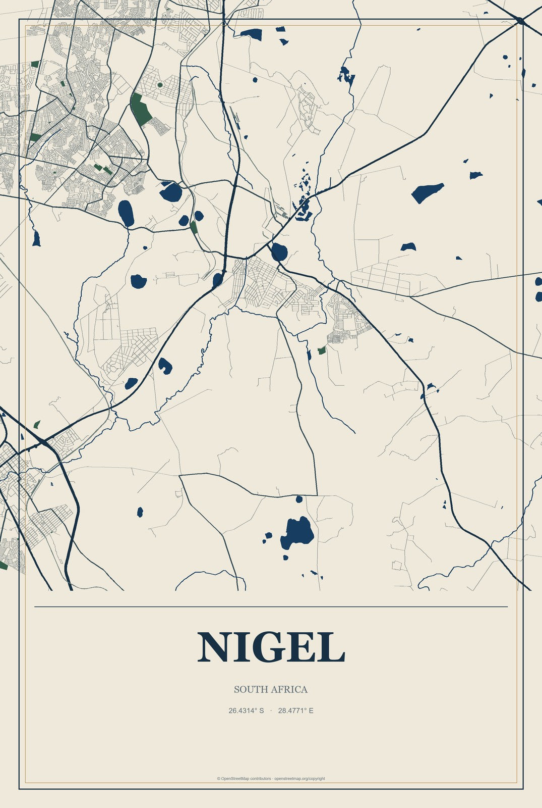 Nigel, South Africa City Map Aluminum Sign in Coastal Cutout style
