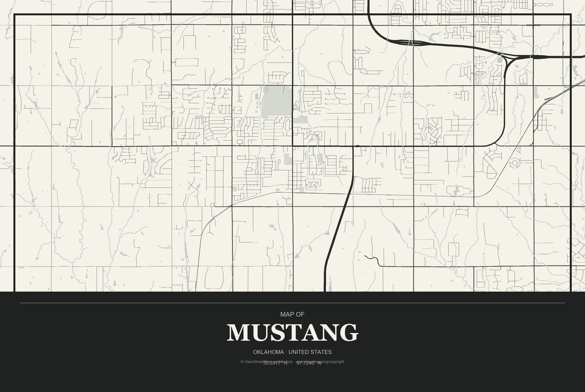 Mustang, Oklahoma City Map Aluminum Sign in Museum Plaque style