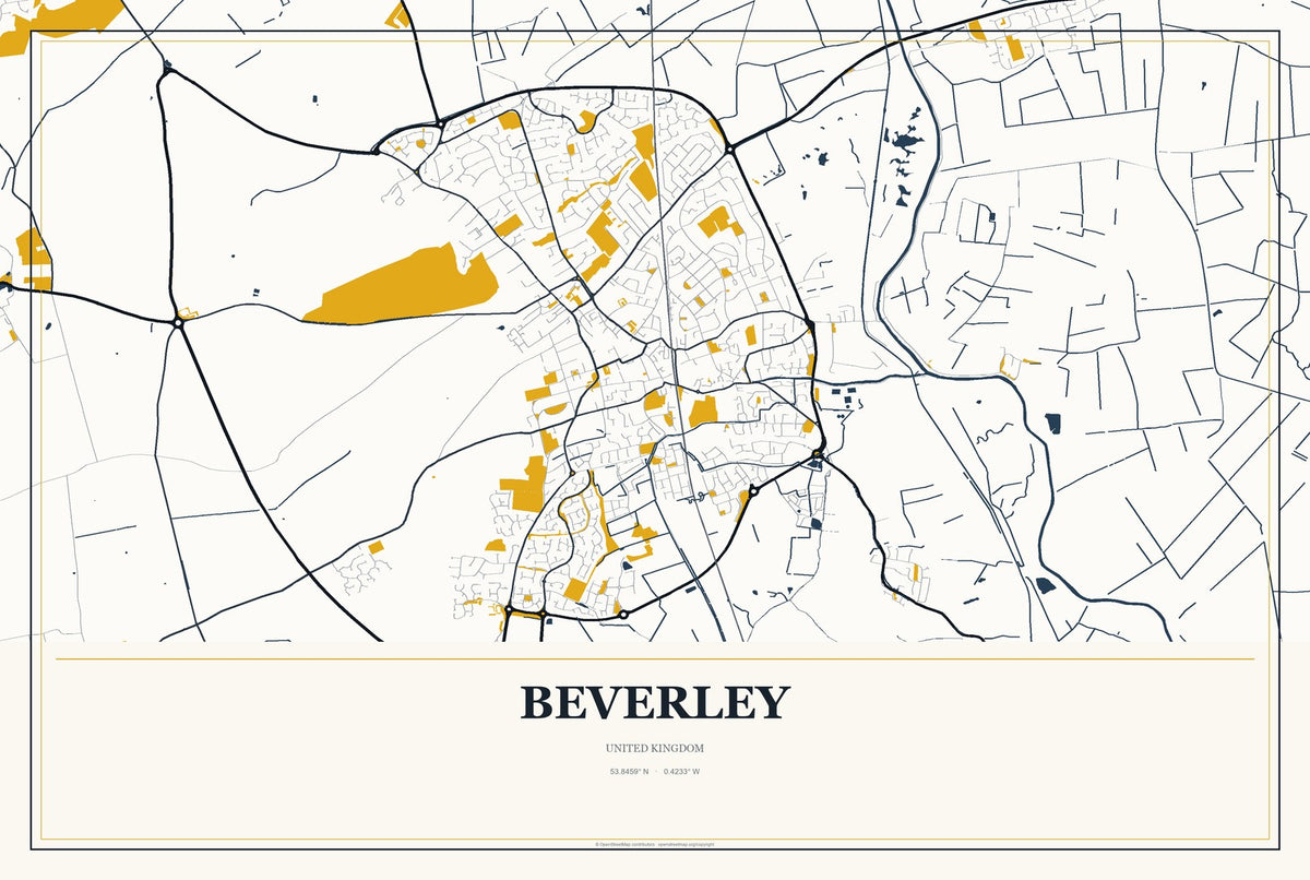 Beverley, United Kingdom City Map Aluminum Sign in Citrine Modern style