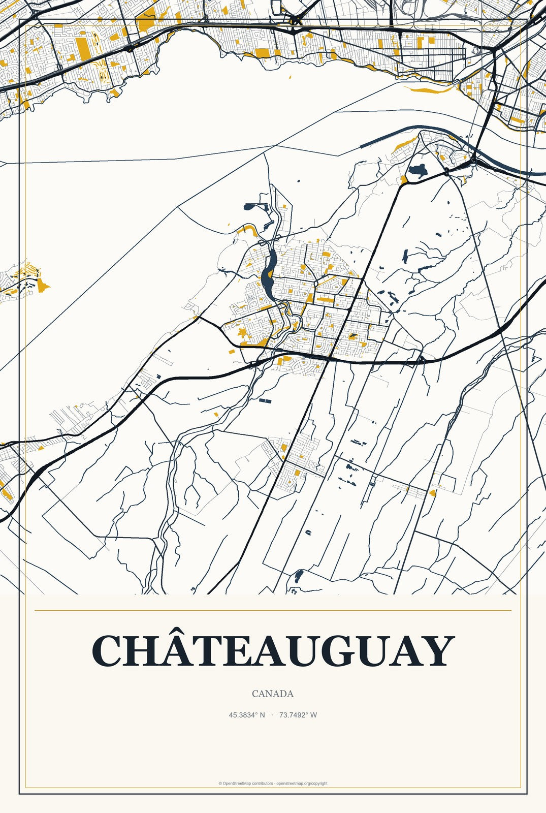 Châteauguay, Canada City Map Aluminum Sign in Citrine Modern style