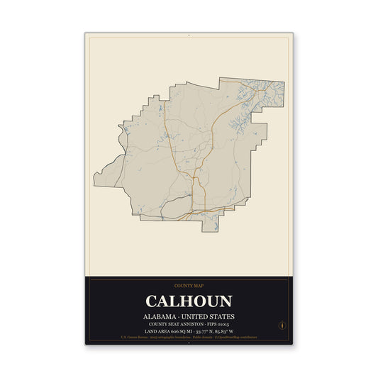 Calhoun County, Alabama Map Aluminum Sign in Museum Plaque style