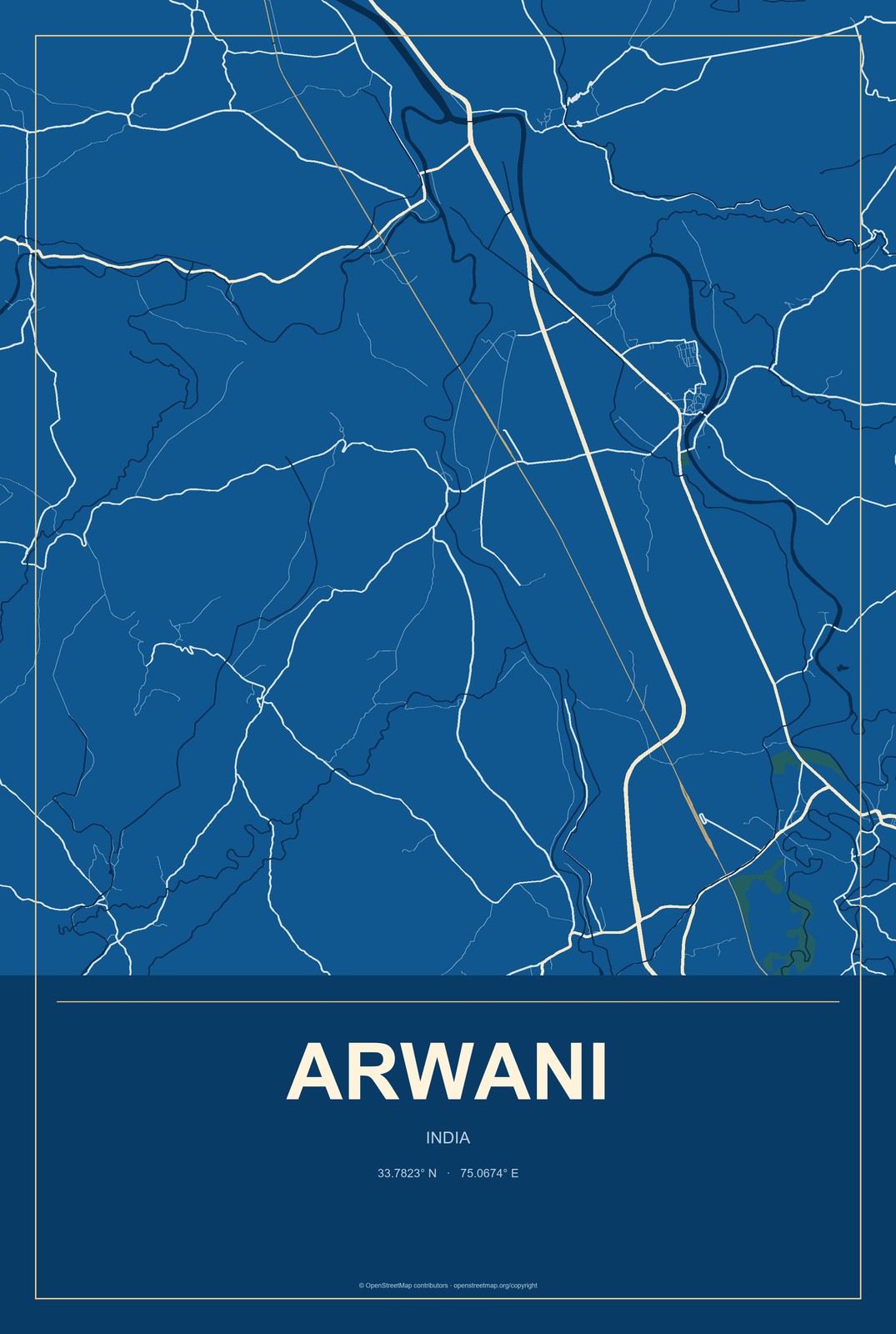 Arwani, India City Map Aluminum Sign in Harbor Cobalt style