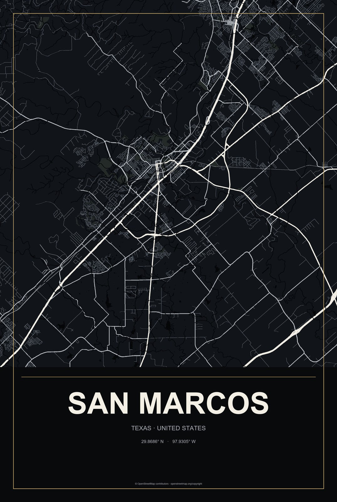 San Marcos, Texas City Map Aluminum Sign in Metropolitan Noir style