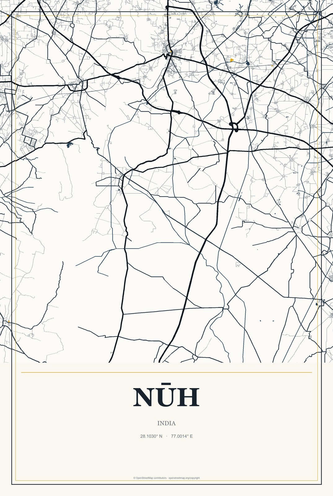 Nūh, India City Map Aluminum Sign in Citrine Modern style