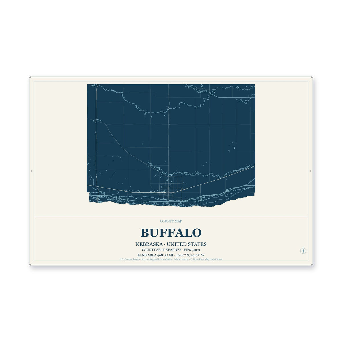 Buffalo County, Nebraska Map Aluminum Sign in Coastal Cutout style