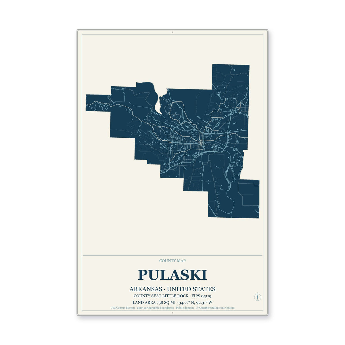 Pulaski County, Arkansas Map Aluminum Sign in Coastal Cutout style