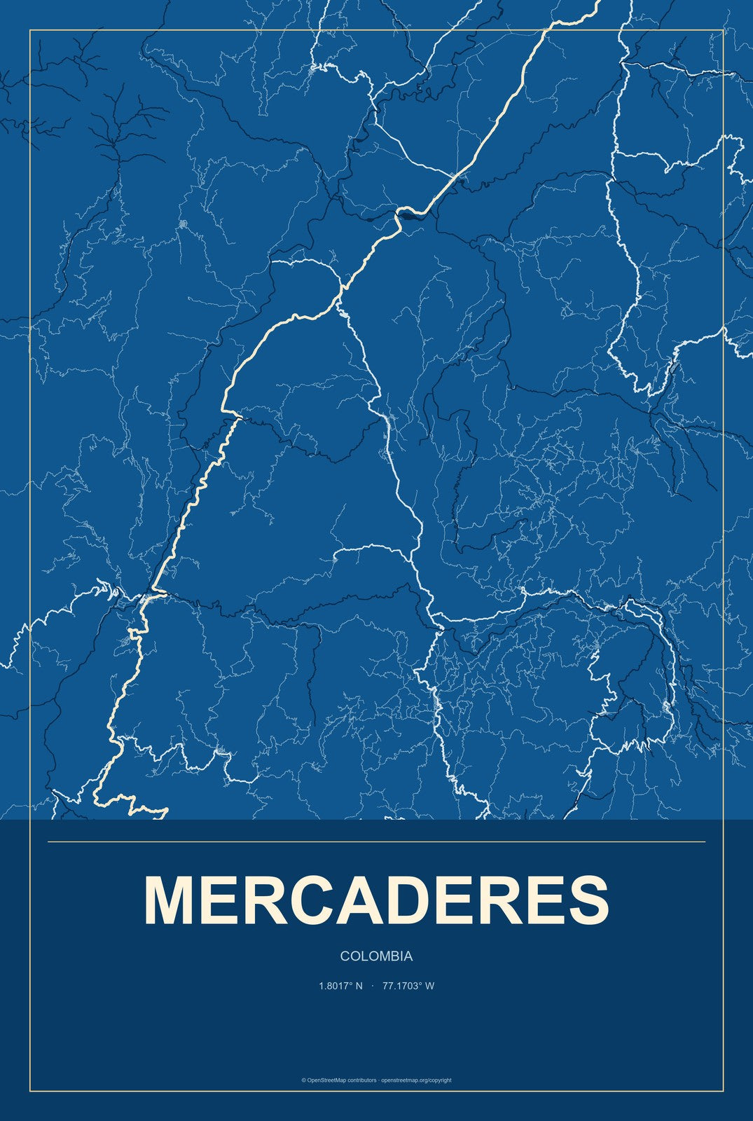 Mercaderes, Colombia City Map Aluminum Sign in Harbor Cobalt style