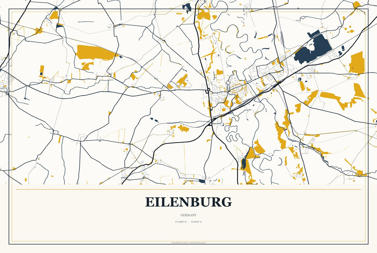Eilenburg, Germany City Map Aluminum Sign in Citrine Modern style