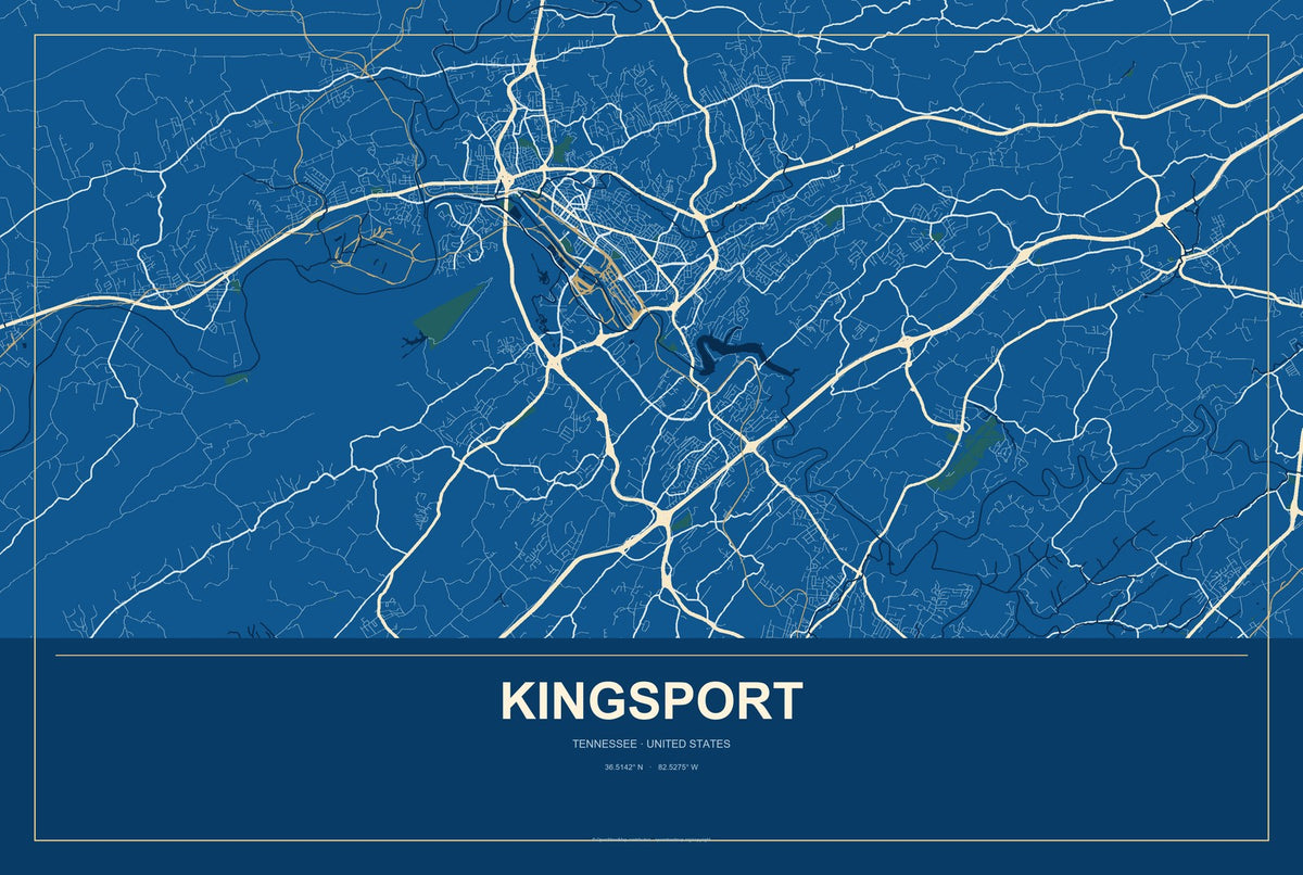 Kingsport, Tennessee City Map Aluminum Sign in Harbor Cobalt style