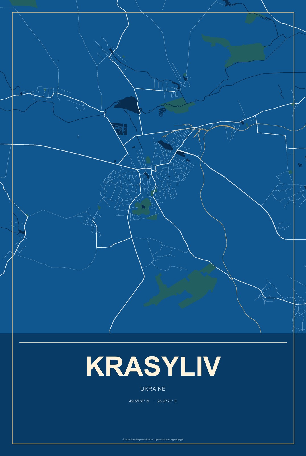Krasyliv, Ukraine City Map Aluminum Sign in Harbor Cobalt style