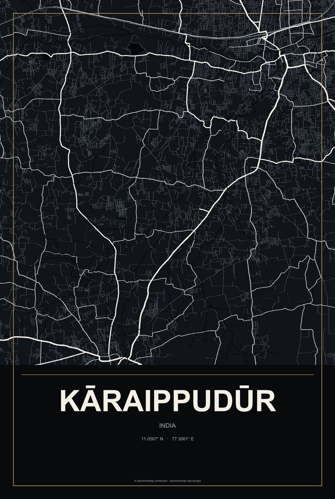 Kāraippudūr, India City Map Aluminum Sign in Metropolitan Noir style