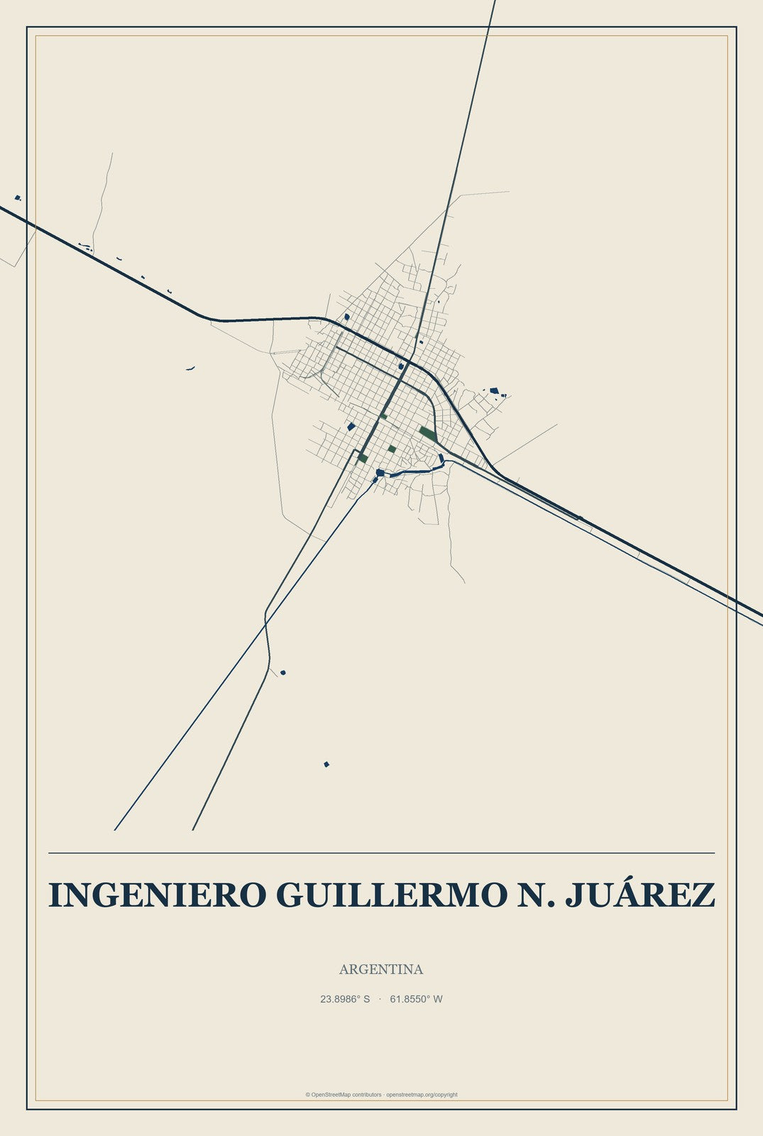 Ingeniero Guillermo N. Juárez, Argentina City Map Aluminum Sign in Coastal Cutout style