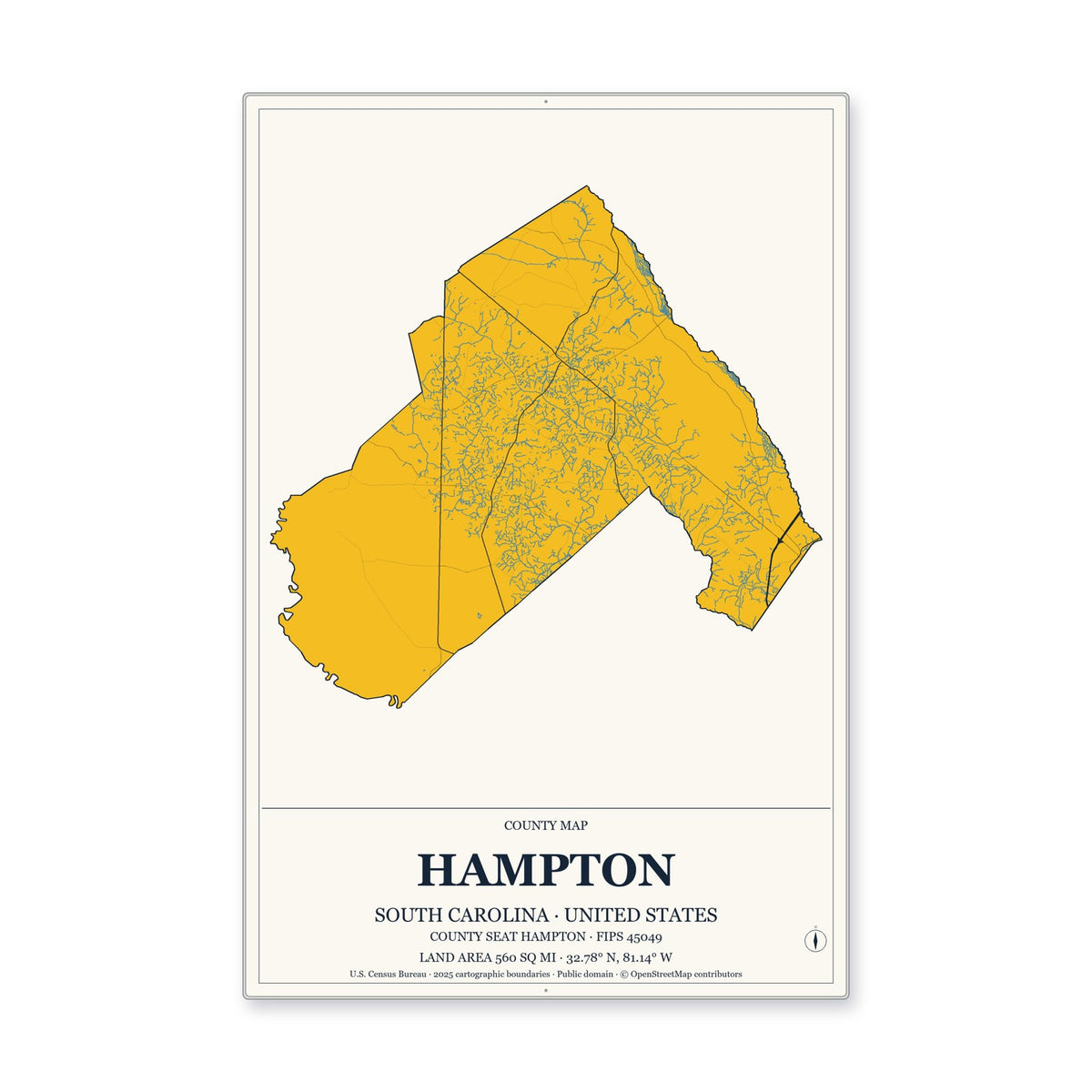 Hampton County, South Carolina Map Aluminum Sign in Citrine Modern style