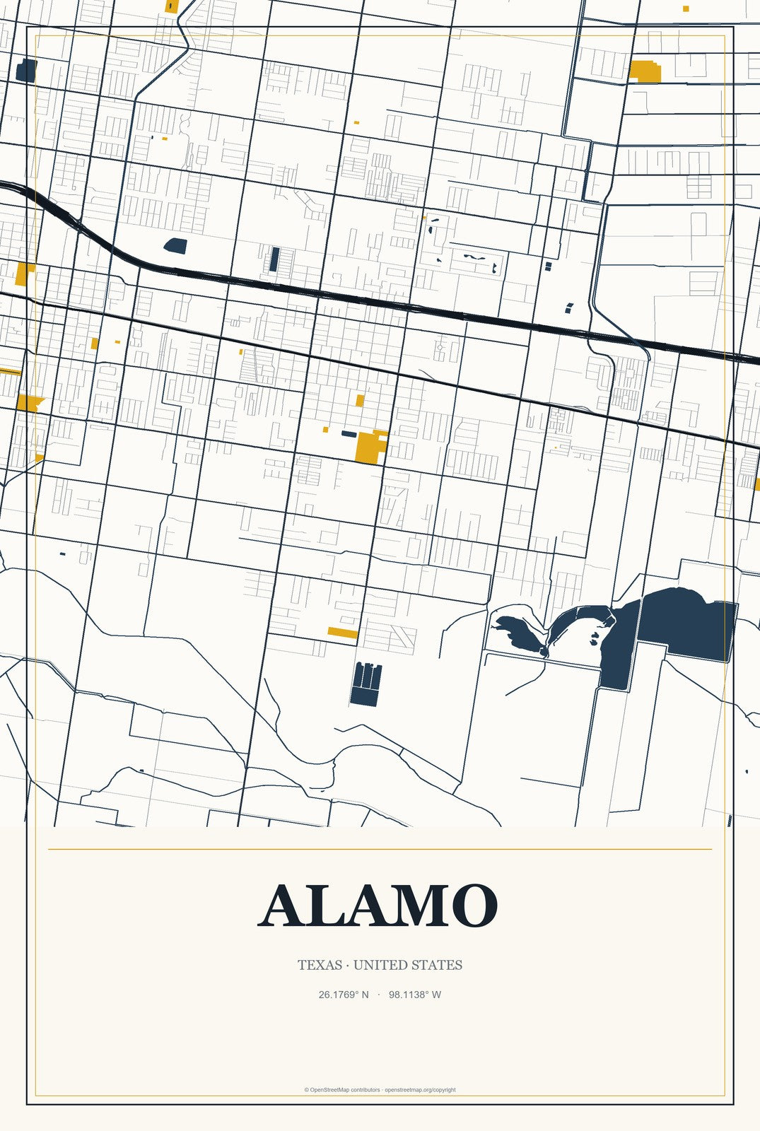 Alamo, Texas City Map Aluminum Sign in Citrine Modern style
