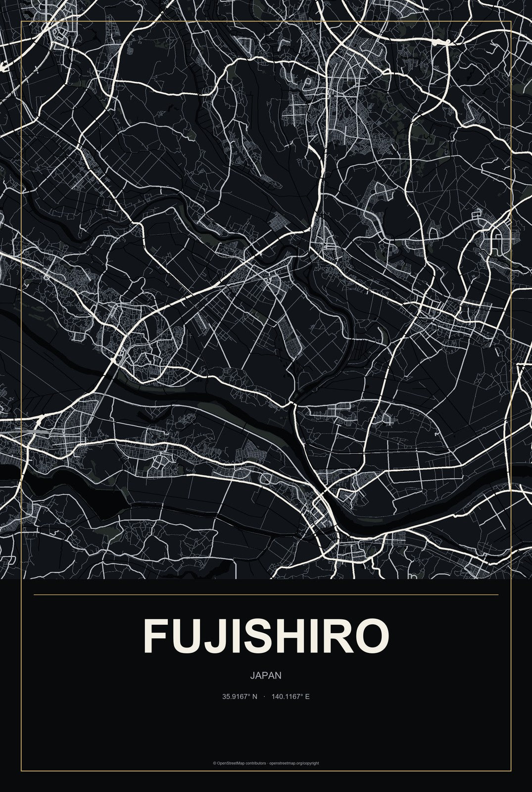 Fujishiro, Japan City Map Aluminum Sign in Metropolitan Noir style