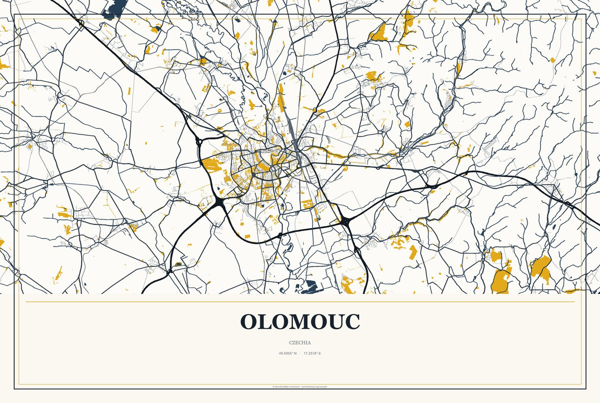 Olomouc, Czechia City Map Aluminum Sign in Citrine Modern style