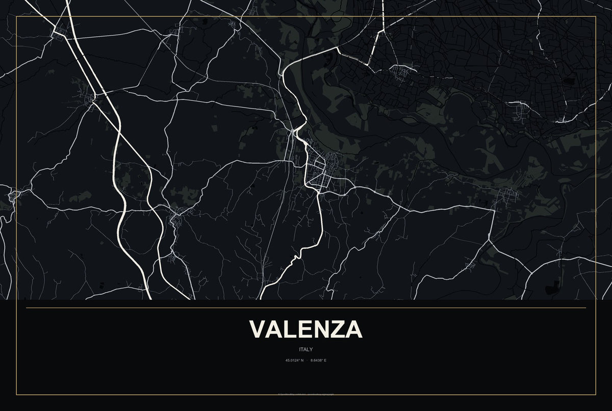 Valenza, Italy City Map Aluminum Sign in Metropolitan Noir style