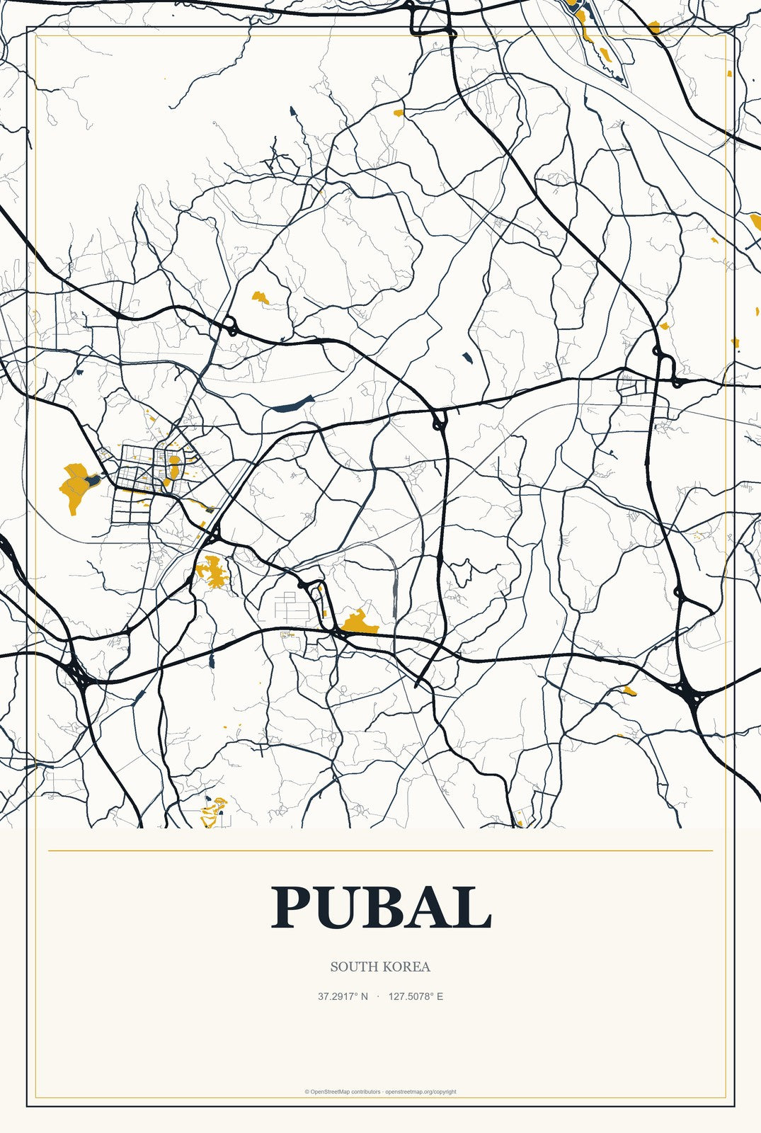 Pubal, South Korea City Map Aluminum Sign in Citrine Modern style