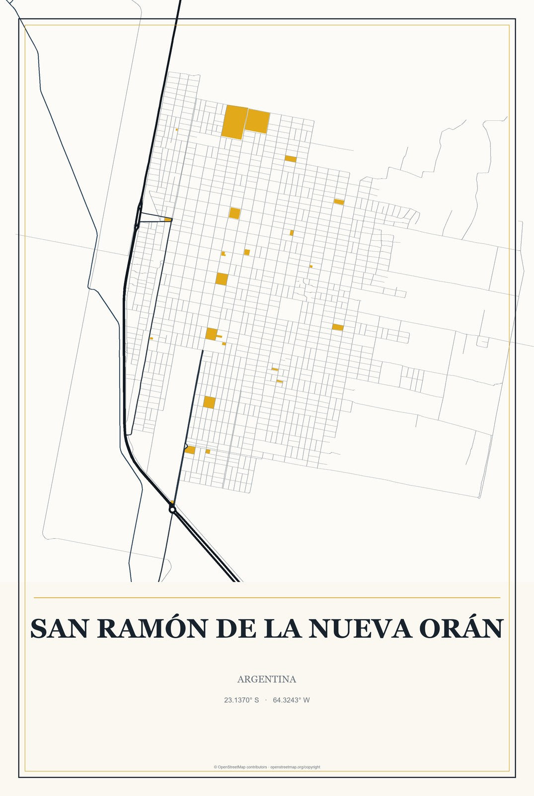 San Ramón de la Nueva Orán, Argentina City Map Aluminum Sign in Citrine Modern style